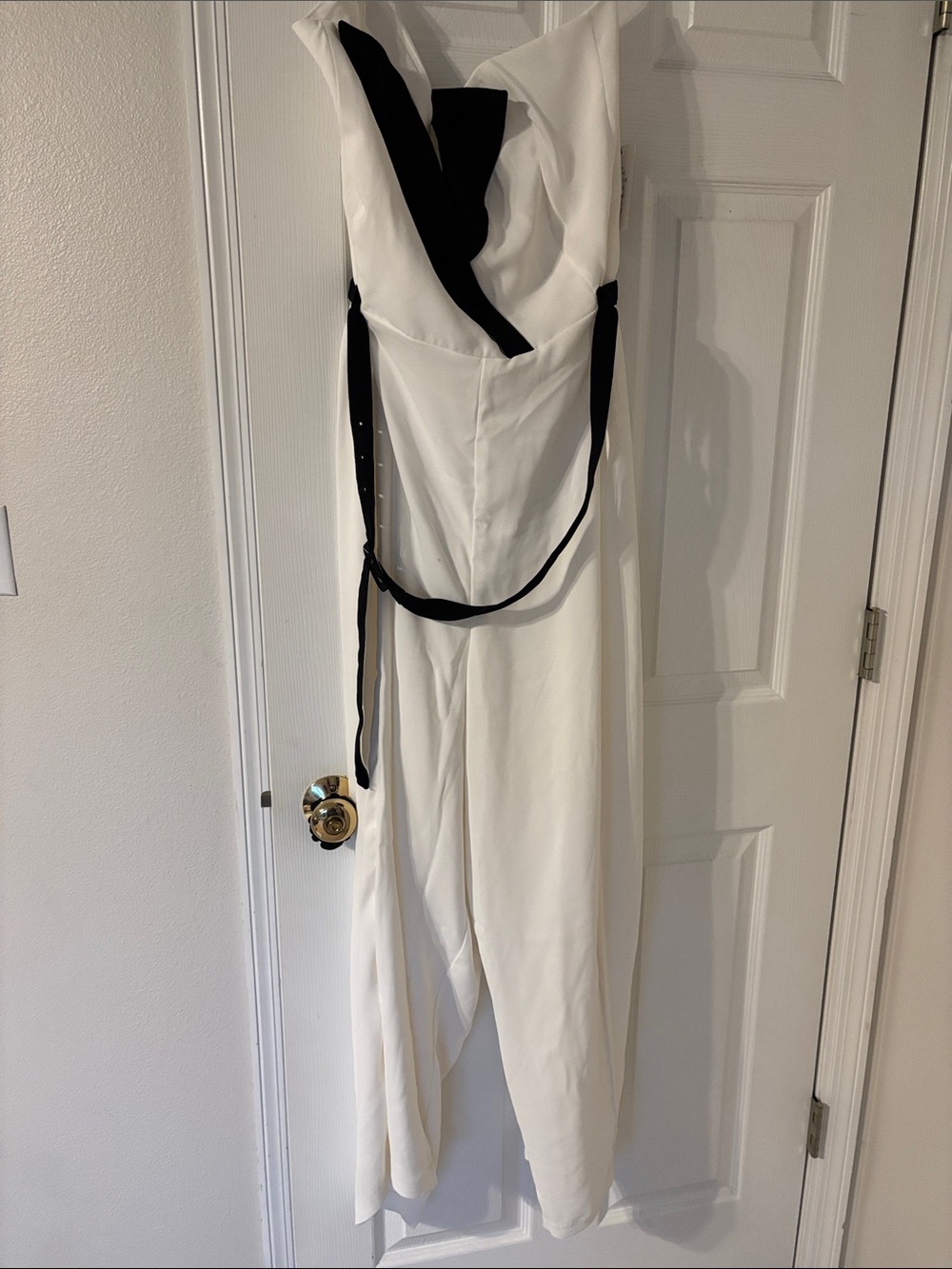 Eloquii White Sleeveless Tuxedo Jumpsuit with Black Trim and Black Belt
